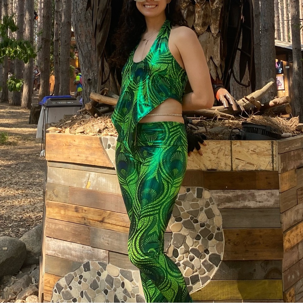 Holographic peacock shiny spandex set